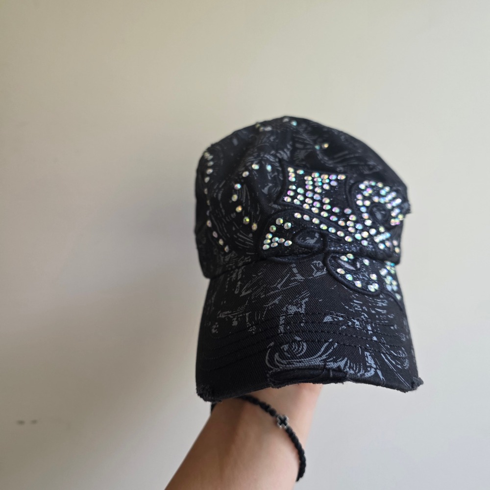 BKE Vintage Y2K Western Rhinestone Distressed Baseball Cap Black Fleur De Lis